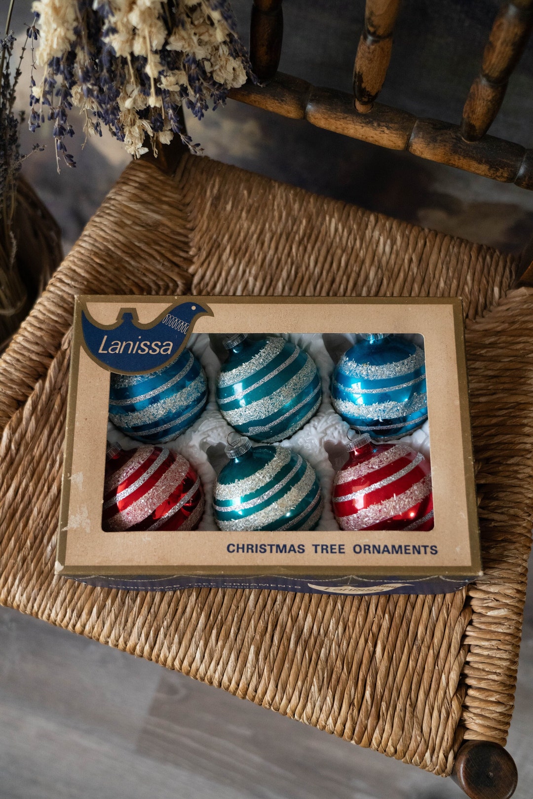 Vintage 50s Set of 6 Lanissa Christmas Tree Glass Ornaments in the Box