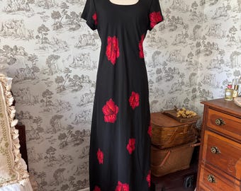 Vintage 90s Jessica Howard Black Chiffon Maxi Dress: Red Floral Print, Whimsigoth Grunge