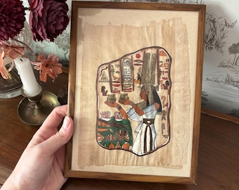 エジプトのヴィンテージパピルス絵画、ラムセス王とハトホル女神（9×13