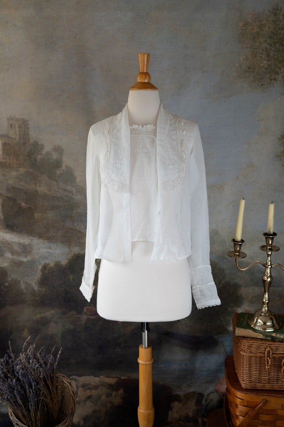 Antique 1910s White Cotton Blouse Sheer Delicate F