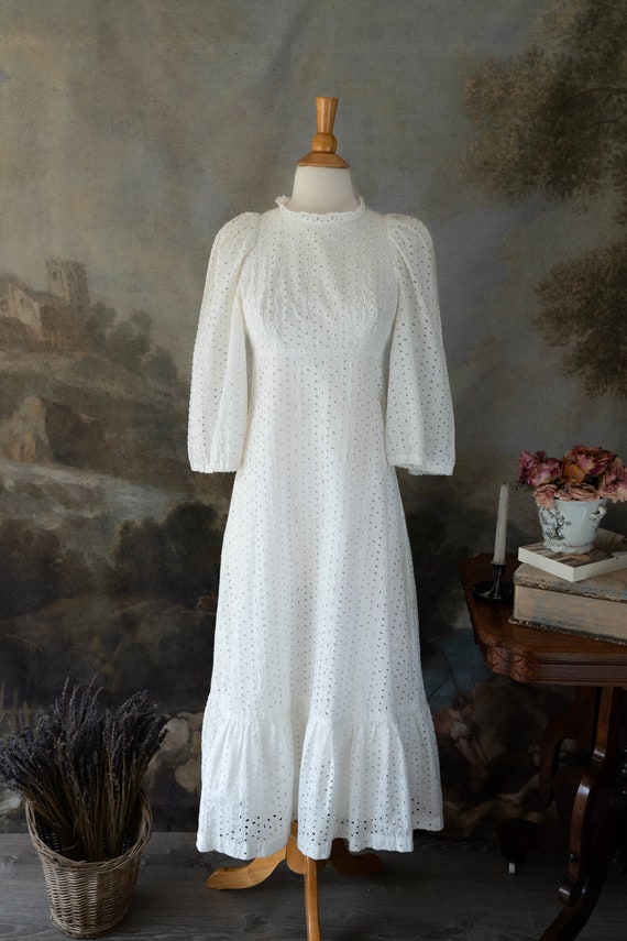 Vintage 70s Young Edwardian White Maxi Dress High 