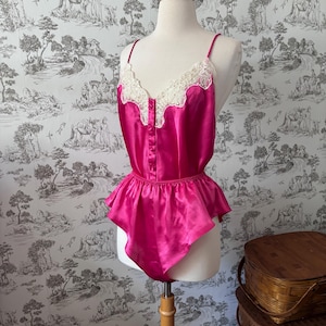 Vintage 90s Victoria&#39;s Secret Gold Label Hot Pink Satin Polyester Tank & Panties Set 2 Piece Unique Retro Lingerie Nightie Gift Holidays
