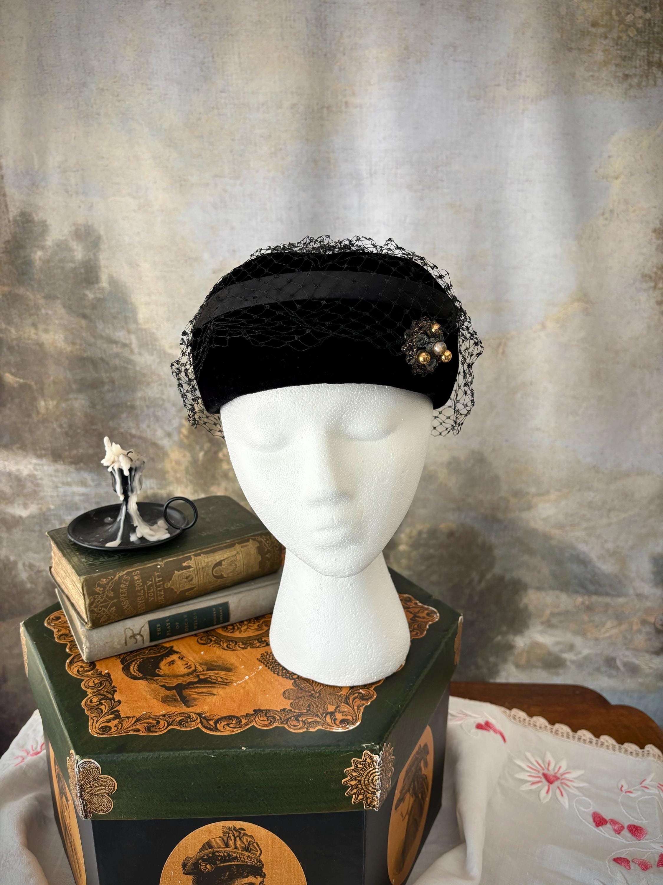 Vintage 50s Black Velvet Pillbox Hat With Veil & Brooch - Etsy