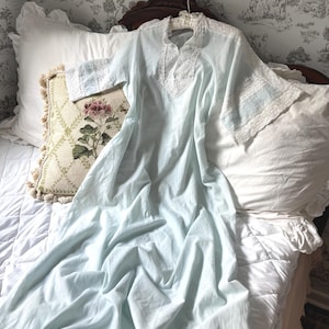 Vintage 70s Christian Dior Nightgown: Blue Kaftan with Lace Rosettes
