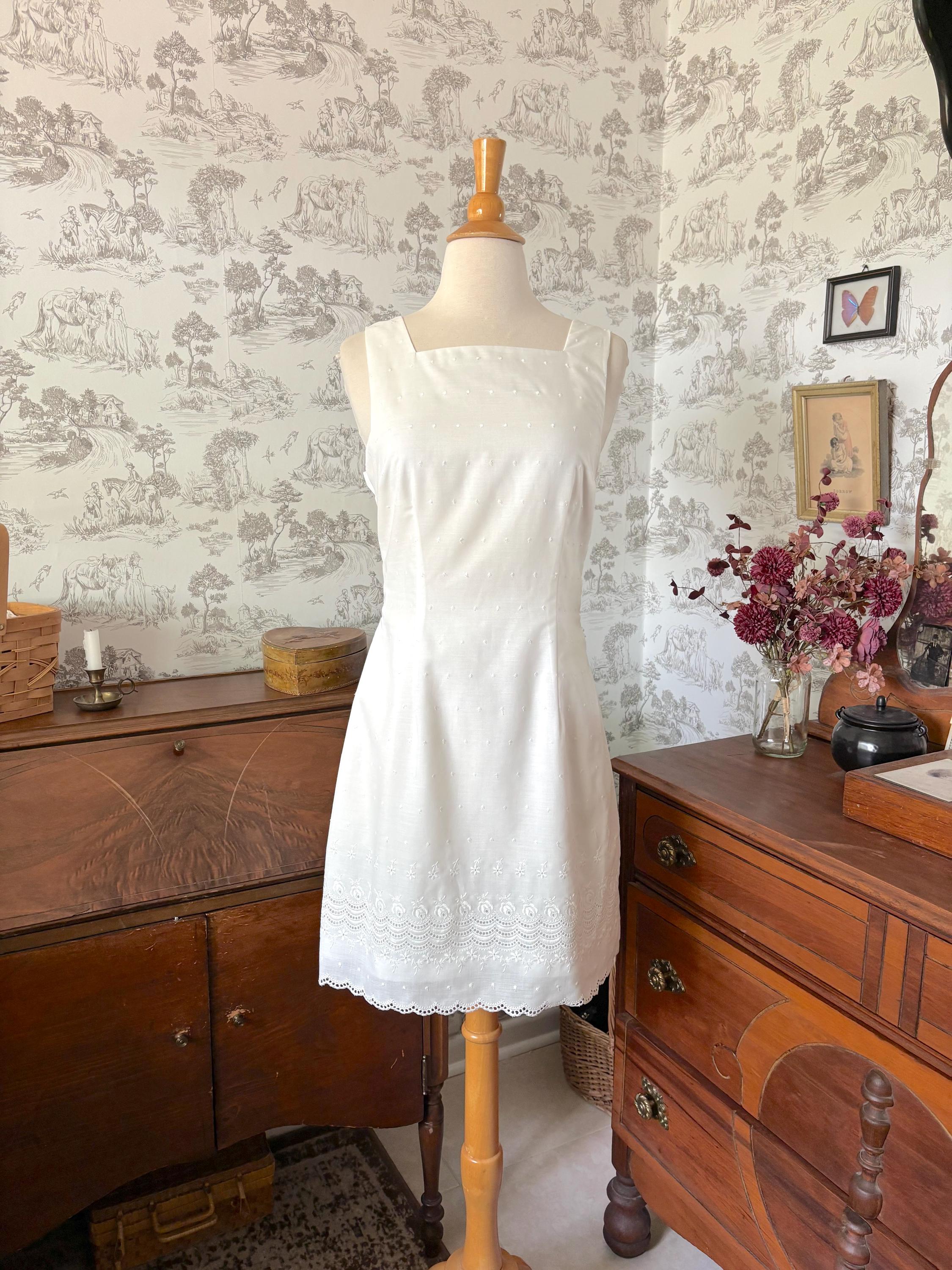 white dress 90s Vintage 90s Wallis White Sleeveless Fitted Midi Dress with Beading