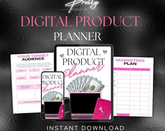 Könnte beinhalten: Eine digitale Produktplaner-Vorlage mit einem rosa und schwarzen Farbschema. Die Vorlage enthält Abschnitte für Ihre Zielgruppe, digitale Produktdetails und einen Marketingplan. Der Text "Digital Product Planner" ist auf dem Cover abgebildet. Die Vorlage ist zum sofortigen Download verfügbar und umfasst 23 Seiten.