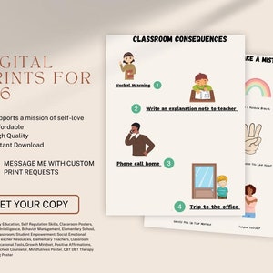 Può includere: Poster sulle conseguenze in classe con quattro passaggi da seguire dagli studenti quando commettono un errore. I passaggi sono: avvertimento verbale, scrivere una nota di spiegazione all'insegnante, telefonata a casa e viaggio in ufficio. Il poster è illustrato con personaggi dei cartoni animati.