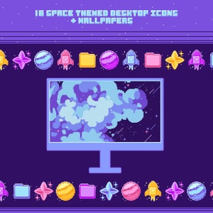 Space Themed Pixel Art Computer Desktop Icon Set with Plain and Organizer Wallpapers