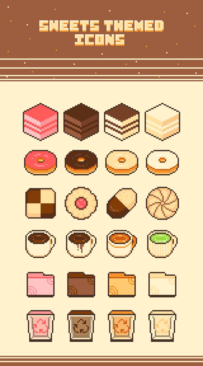 Sweets & Cafe Themed Pixel Art Computer Desktop Icon Set With Plain and ...