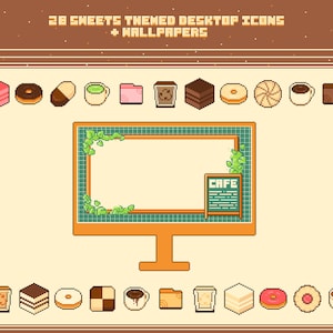 May include: A pixel art illustration of a computer monitor with a cafe sign and a variety of sweet treats, including donuts, cake, and coffee. The monitor is surrounded by a green leafy border. The text on the sign reads "Cafe".