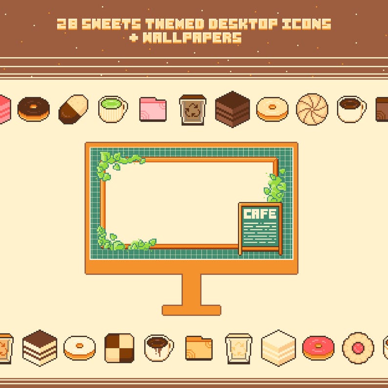 Sweets & Cafe Themed Pixel Art Computer Desktop Icon Set With Plain and ...