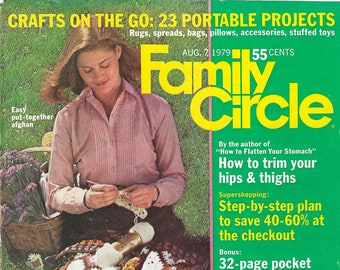 Family Circle Magazine - 7 août 1979 - magazine vintage féminin téléchargeable au format PDF - motif au crochet vintage, mode des années 70, décoration d'intérieur rétro