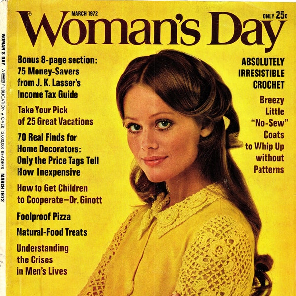 Woman's Day Magazine - March 1972 - PDF Magazine Digital Download - Retro Crochet Patterns, 70s natural foods recipes, 70s home decor