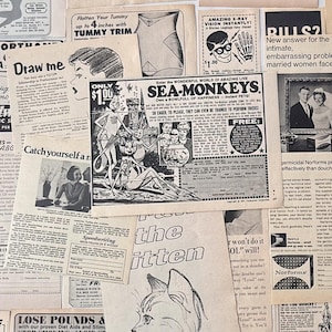 May include: A collage of vintage advertisements and articles, featuring text and illustrations. Notable elements include a Sea-Monkeys ad, a slimming product promotion, and a drawing lesson offer. The overall aesthetic is retro and nostalgic.