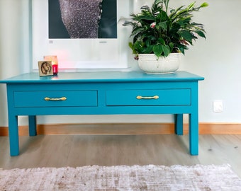 Refinished Solid Wood, bright  Blue Coffee Table with Gold Handles & Drawer Liners - Statement piece