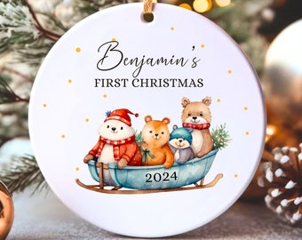 First Christmas Baby Ornament, Personalized Baby 1st Christmas Ornament, Newborn Ornament, Custom Baby Name Keepsake Woodland Animals Gift