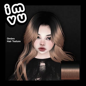 May include: A digital avatar with ombre hair texture, transitioning from black to a light brown shade. The image features the "imvu" logo in the upper left corner and the text "Ombre Hair Texture" below the logo. The avatar has dark eye makeup and a nose ring.