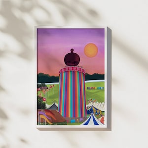 Póster artístico colorido del festival Ribbon Tower, ideal como regalo para los amantes de la música y los festivales, con interiores vibrantes y divertidos.