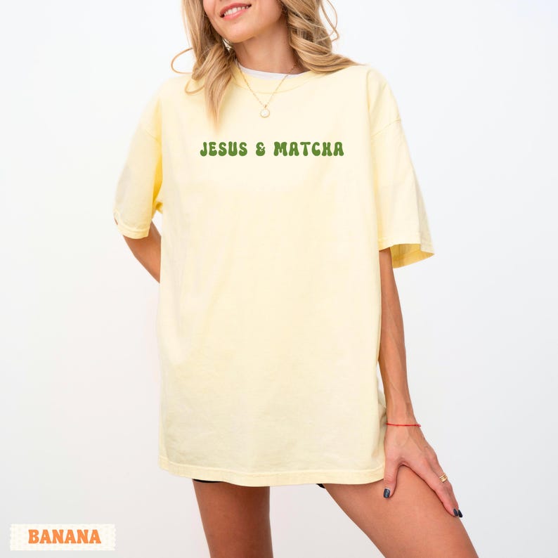 Matcha lover Christian Comfort colors shirt in yellow. Groovy font in green
