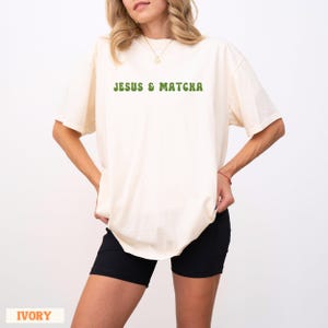 Matcha lover Christian Comfort colors shirt in ivory. Groovy font in green