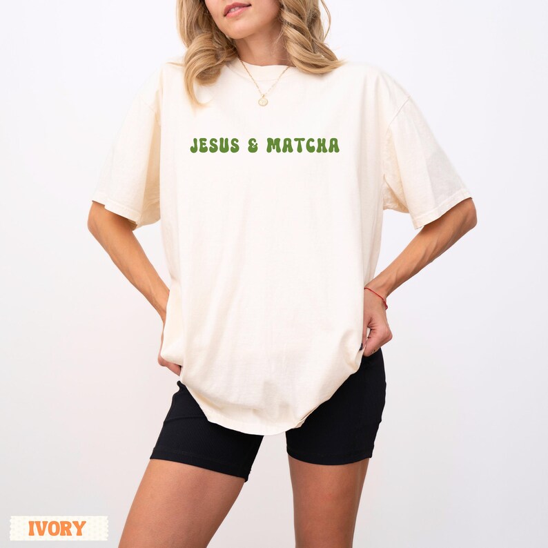Matcha lover Christian Comfort colors shirt in ivory. Groovy font in green