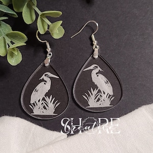 Heron Earrings, Teardrop Clear, Laser engraved