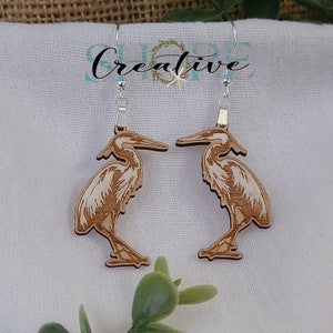 Heron natural wood earrings, laser cut and engraved, blue heron
