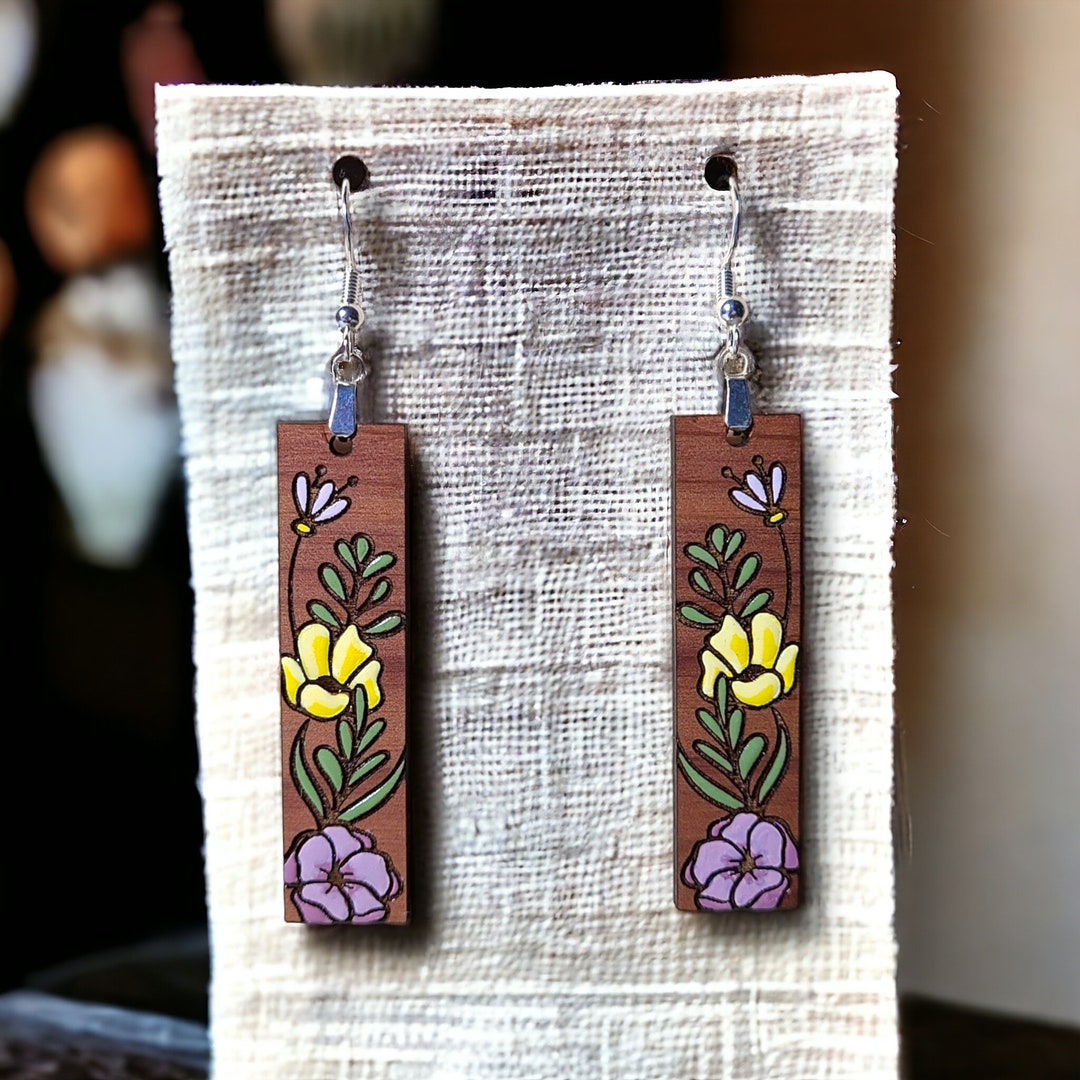 Floral Dangle Earrings, Pretty Florals, Long Rectangle Drop Earrings ...