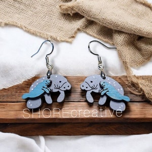 Manatee dangle earring, Manatee Family, drop earrings, laser cut, hand painted