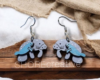 Manatee dangle earring, Manatee Family, drop earrings, laser cut, hand painted