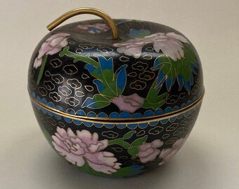 Vintage Cloisonné Apple Trinket Box Floral Design