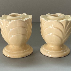 Vintage USA Ceramic Set of 2 Candle Holders Cream Yellow Possibly McCoy 3 1/2"