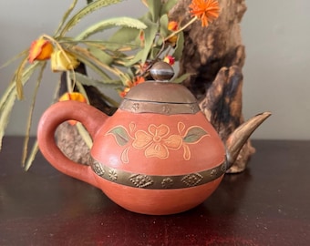 Vintage Meramik Mekar Terracotta Teapot with Brass Overlay