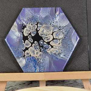 Könnte beinhalten: Sechseckiger Untersetzer mit einem abstrakten Fluid-Art-Design. Der Untersetzer weist eine Mischung aus blauen, weißen und schwarzen Farben auf, die ein einzigartiges Muster erzeugen. Der Untersetzer wird auf einer kleinen Holzstaffelei präsentiert.