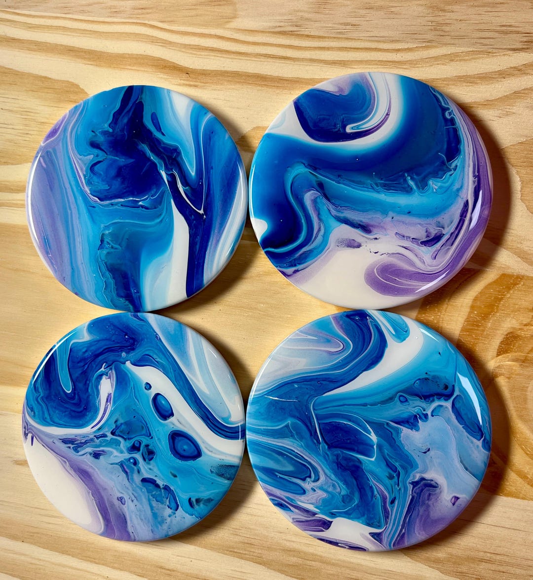 Blue Purple & White Acrylic Pour Coaster Set of 4 - Etsy