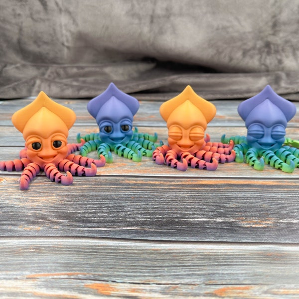 Squid in Rainbow Matte 3D Printed Articulated Fidget Figure