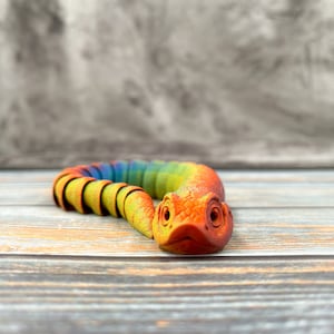 May include: A colorful, segmented toy worm with a vibrant gradient of colors, including red, orange, yellow, green, and blue. The worm has a detailed, textured head and body, resting on a wooden surface.