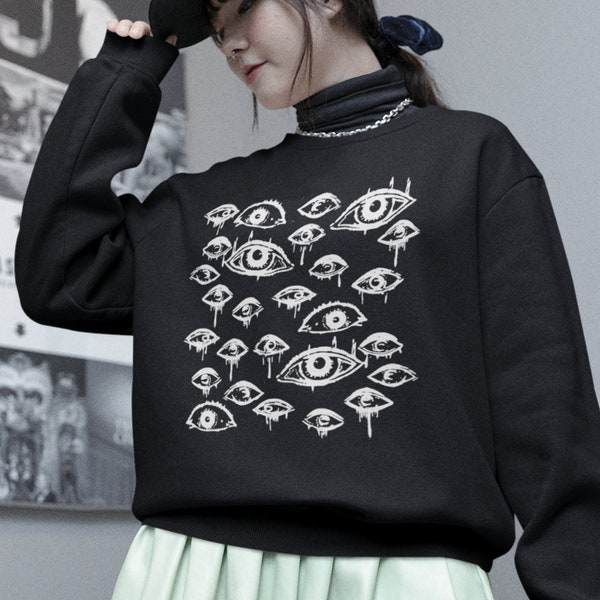 Evil Eyes Sweatshirt, Alternative Style Weirdcore Crewneck Grunge Clothes, Strange Unique Gifts Eyeball Weird Top