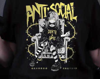 Gothic Anime Anti Social Shirt, Elder Emo Style Grunge Clothes Manga Tshirt, Scenecore Fashion Gifts For Men Women