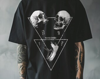 Skull Triangle Gothic T-Shirt – Anatomical Split Skull Design With Jawbone, Floating Teeth, and Occult Geometry – Alt Horror Graphic Tee