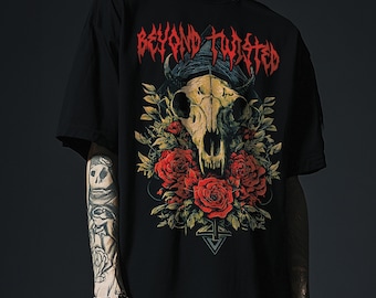 Goat Skull Rose T-Shirt – Gothic Horned Skull With Blood Red Roses and Inverted Cross – Witchcore Death Metal Occult Graphic Tee