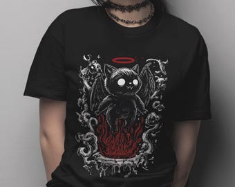 Demonic Cat T Shirt, Gothic Cute Devil Bat Tee, Hellfire Anime, Kawaii Creepycore, Weirdcore Grunge Horror, Altcore Soft Goth Clothing