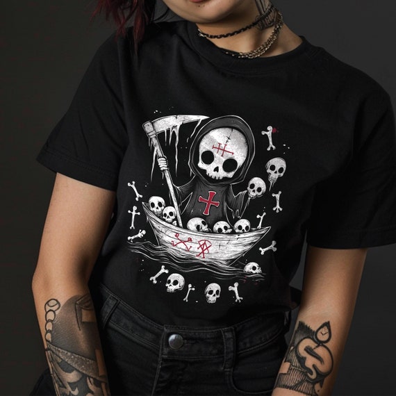 Kawaii Grim Reaper Creepy Cute T-shirt, Pastel Goth Red Magical Runes Dark Academia Top, Ship Wreck Graphic Skeleton Art Shirt