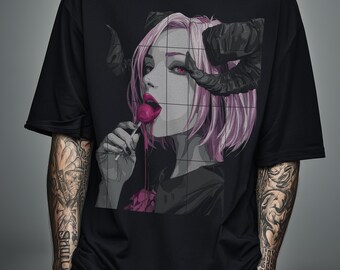 Horned Anime Girl T‑Shirt – Gothic Demon Girl Lollipop Graphic Tee – Dark Witchcore Anime Aesthetic Top for Alt & Grunge Fans