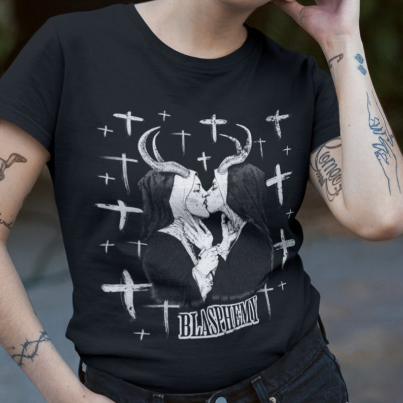 Nun T-Shirt, Alternative Clothing Lesbian Goth Tee, Death Metal Gothic Gifts For Him Tattoo Style Shirts image 1