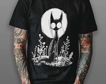 Witchy Cat Moon T-Shirt – Gothic Occult Feline Graphic Tee – Creepy Cute Cottagecore Cat Shirt for Soft Goth & Dark Academia Fans
