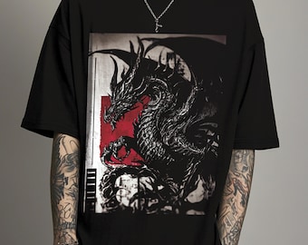 Dragon T Shirt, Gothic Japanese Red Sun, Fantasy Creature Tee, Dark Aesthetic Samurai, Grunge Punk Mythical Beast, Graphic Black Shirt