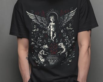 Gothic Cherub Ritual T-Shirt – Dark Angel With Wings, Demonic Creatures, and Fire Cauldron – Baroque Occult Witchcore Graphic Tee