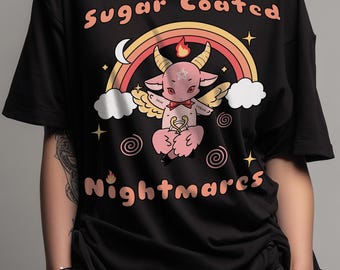 Sugar-Coated Nightmares Tee – Cute Devil Goat Baphomet Graphic with Rainbow Horror Aesthetic – Pastel Goth Kawaii Witch Shirt
