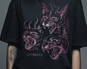 Catberus Three‑Headed Cat T‑Shirt – Gothic Mythical Cat Cerberus Tee – Dark Grunge Feline Graphic for Alt, Occult & Metal Fans